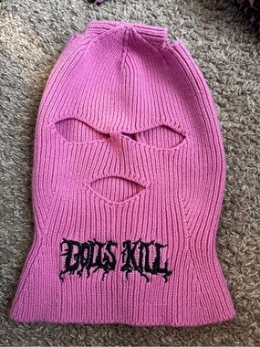 Dolls Kill Hot Pink Ribbed Knit Balaclava with Black Logo